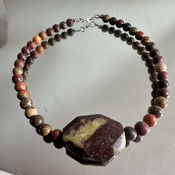 Choker Necklace Sterling Silver Picasso Jasper Chrysoprase Gemstone Handmade - Picture 2 of 7